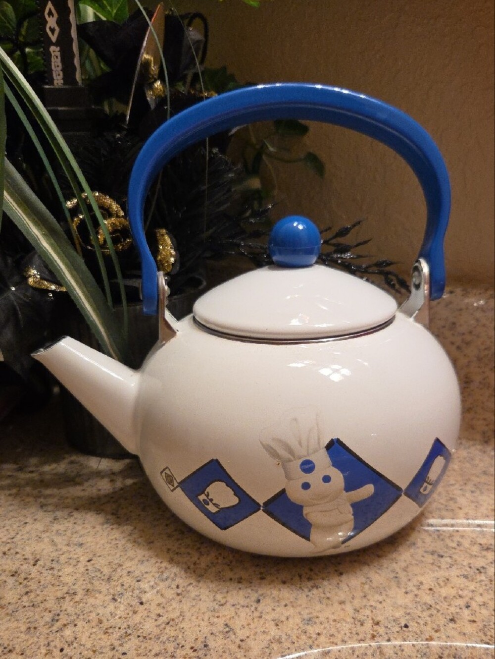 1999 Pillsbury doughboy Teapot with Blue Handle and Decorative Blue Accents